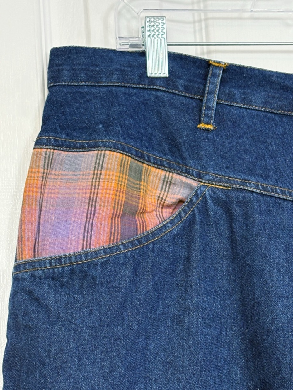 Vintage Sudden Impact Blue Denim Plaid Print Patchwork Jean Skirt 20 - Picture 5 of 16